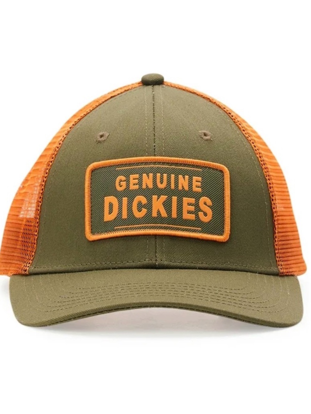 Dickies Trucker “Genuine Dickies” Hat Olive Green and Orange Mesh